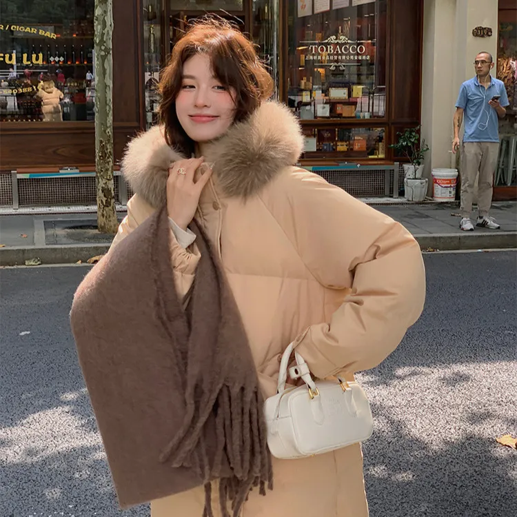 真狐狸大毛领羽绒服女2025新款连帽加厚中长款白鸭绒显瘦外套冬季