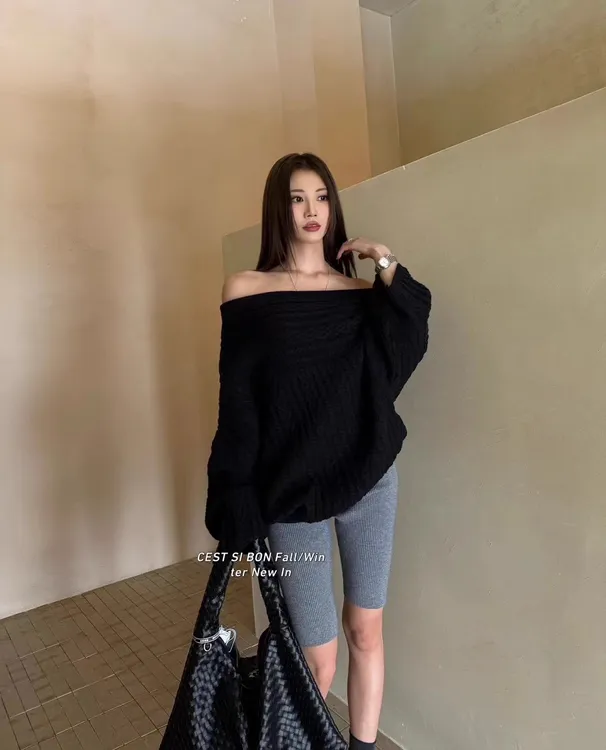法式斜肩麻花长袖毛衣女秋冬季2025年新款慵懒风宽松显瘦漏肩上衣
