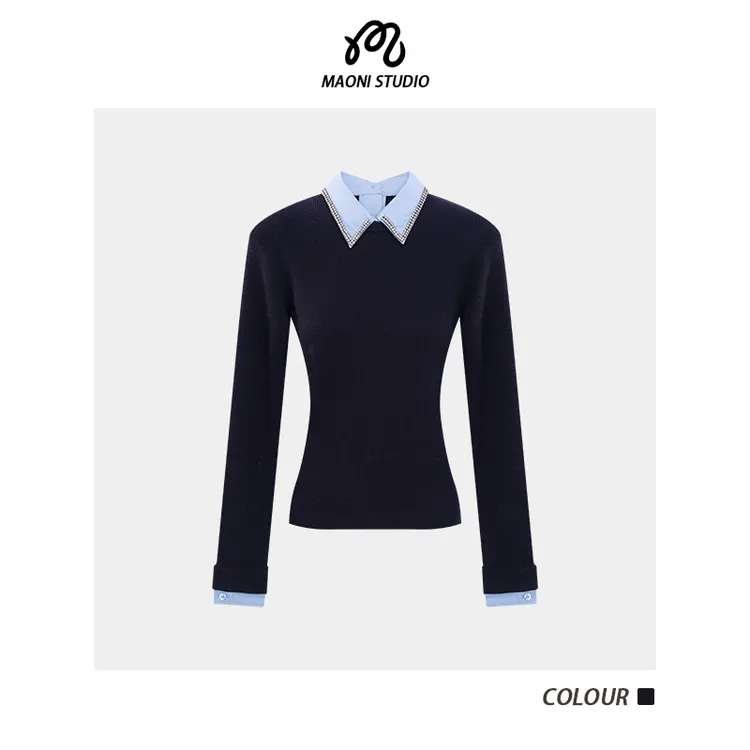 毛妮LADIESFIRST 撞色翻领假两件毛衣女简约气质显瘦针织衫L2848