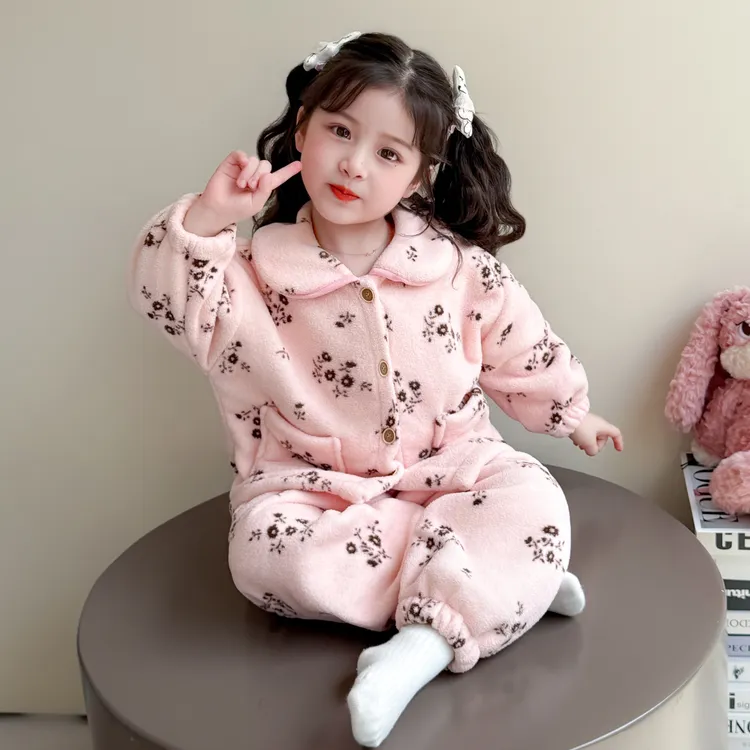 儿童法兰绒秋冬加厚2025新款睡衣女宝宝冬季珊瑚绒家居服开衫套装