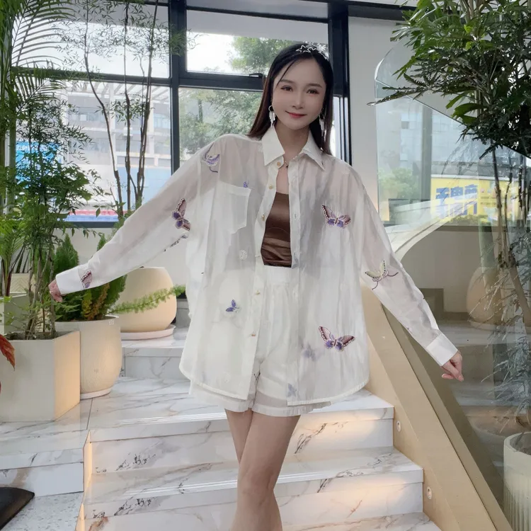 [断码清款]莱赛尔天丝衬衫衬衣蝴蝶刺绣薄款苎麻宽松长款漂亮小衫