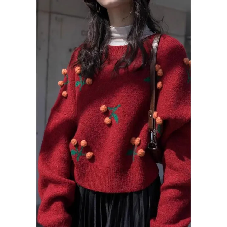 新款时尚氛围感红色毛衣女春秋新款慵懒套头针织衫内搭秋冬上衣