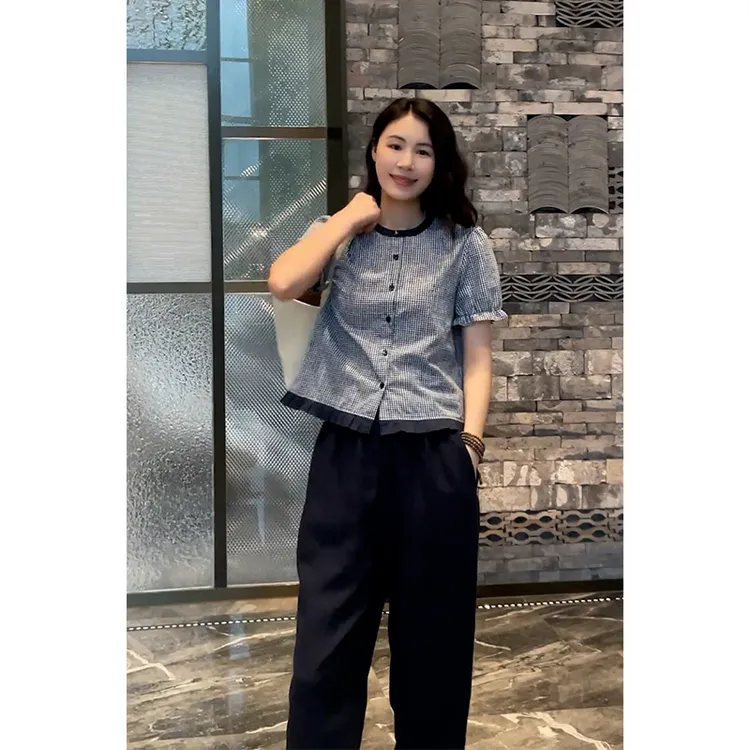 气质拼接时尚复古设计感格子花边衬衫百搭阔腿裤夏季轻熟风两件套