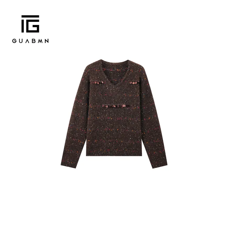 GUABMN2025冬季新款极简风V领补花亮片长袖毛衣时尚百搭毛衣132