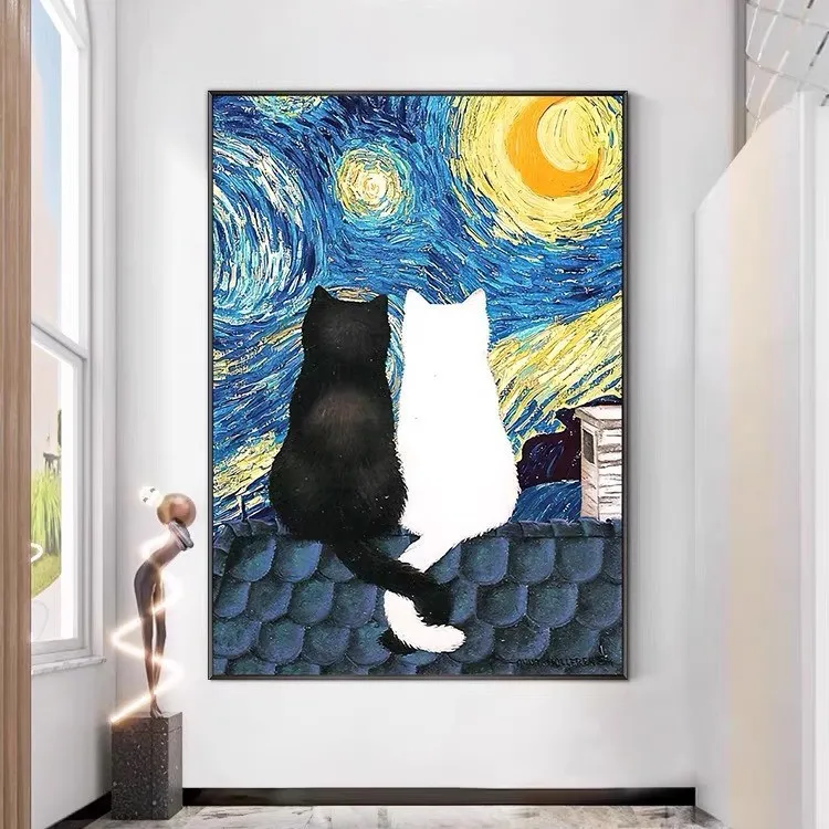 梦幻星空猫咪现代简约风油画酒店民宿客厅玄关抽象背景墙轻奢无框