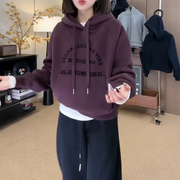 新款连帽字母卫衣加厚百搭休闲帽衫加绒韩版ins上衣冬季LK2500408