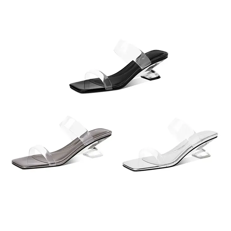 【跟高5cm】2025年夏季新款露趾粗跟高跟透明一字带凉鞋拖鞋百搭