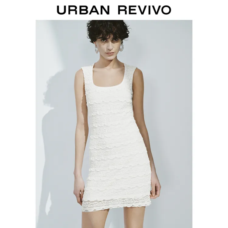 UR2025春季新款女装波嬉风肌理感花边无袖连衣裙UWH750026