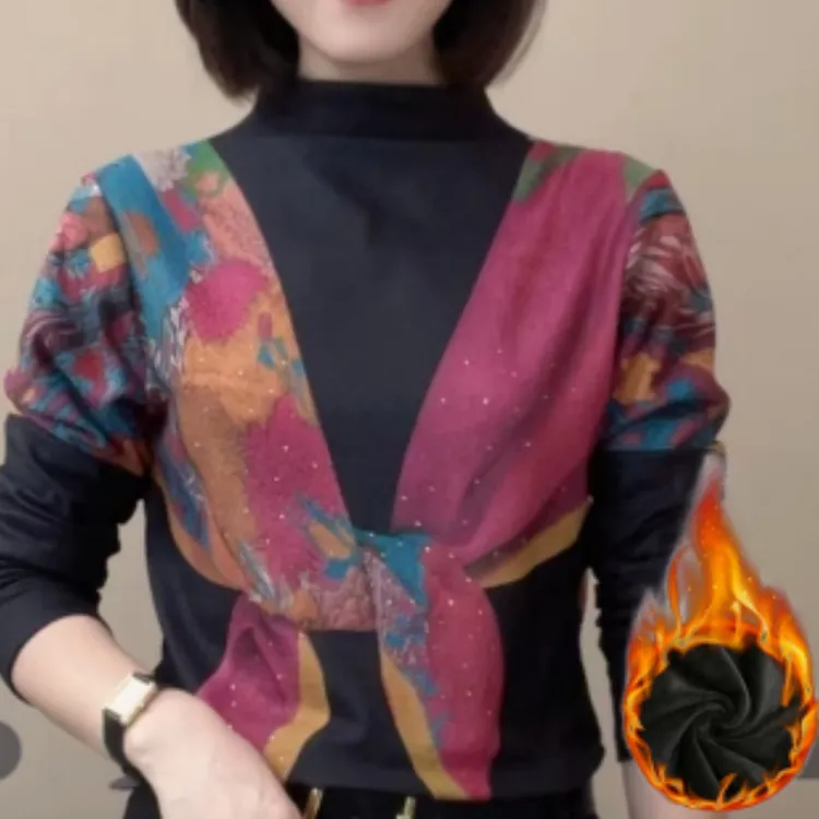 2025年秋季新款拼色印花长袖半高领百搭洋气时尚显瘦修身打底衫女