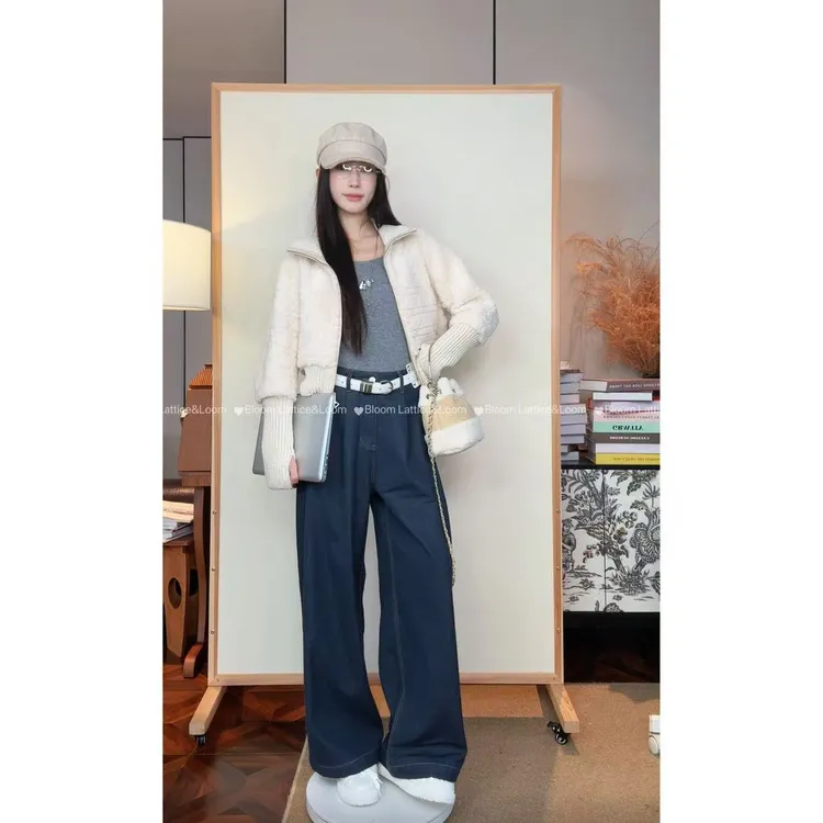 PCNY不理理“戴妃藤格纹”西班牙美丽奴羊毛拼接针螺纹皮毛一体外套