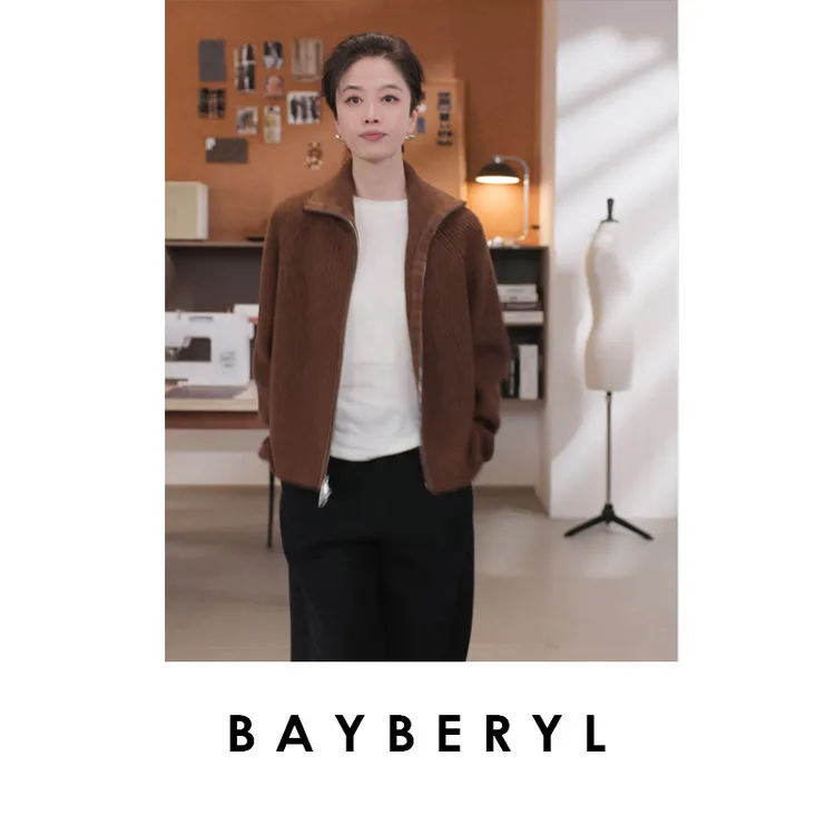 FF-BAYBERYL老贝水手*拉链翻领经典插肩休闲针织开衫ZZS4I1224