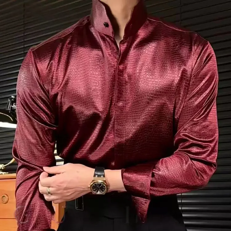 2025新中式立领衬衫男长袖纹理休闲百搭修身纯色高领暗门襟衬衣男