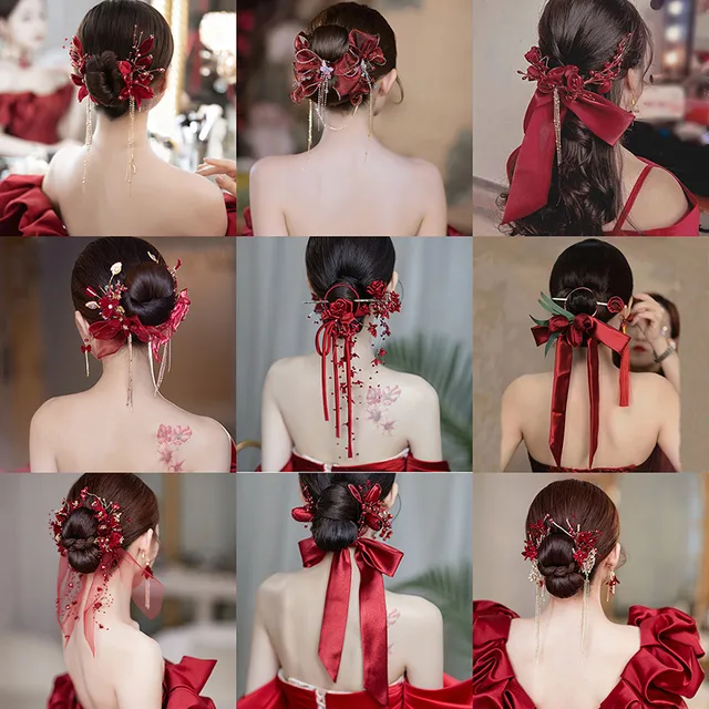 新款新中式旗袍头饰韩式礼服结婚婚纱发饰红色敬酒服铃兰流苏发簪