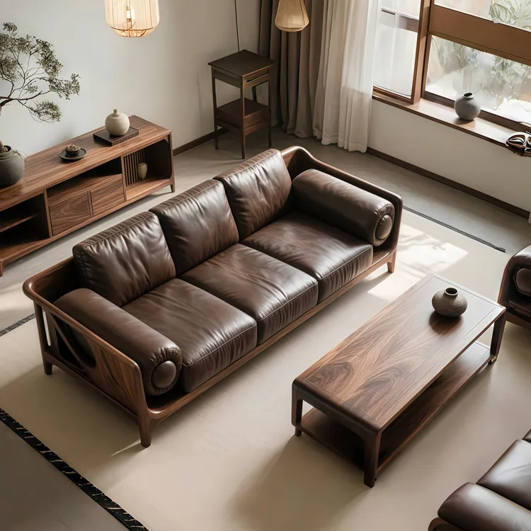 新中式实木沙发茶几组合轻奢北美黑胡桃木客厅舒适直排简约家具