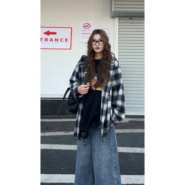 港味格子连帽衬衫外套男女春秋2025年新款宽松慵懒风休闲痞帅上衣