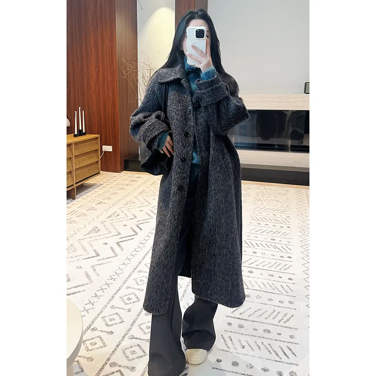 菠萝宝宝yuna【塞纳灰调】苏丽羊驼羊毛灰色长款毛呢大衣外套YL6