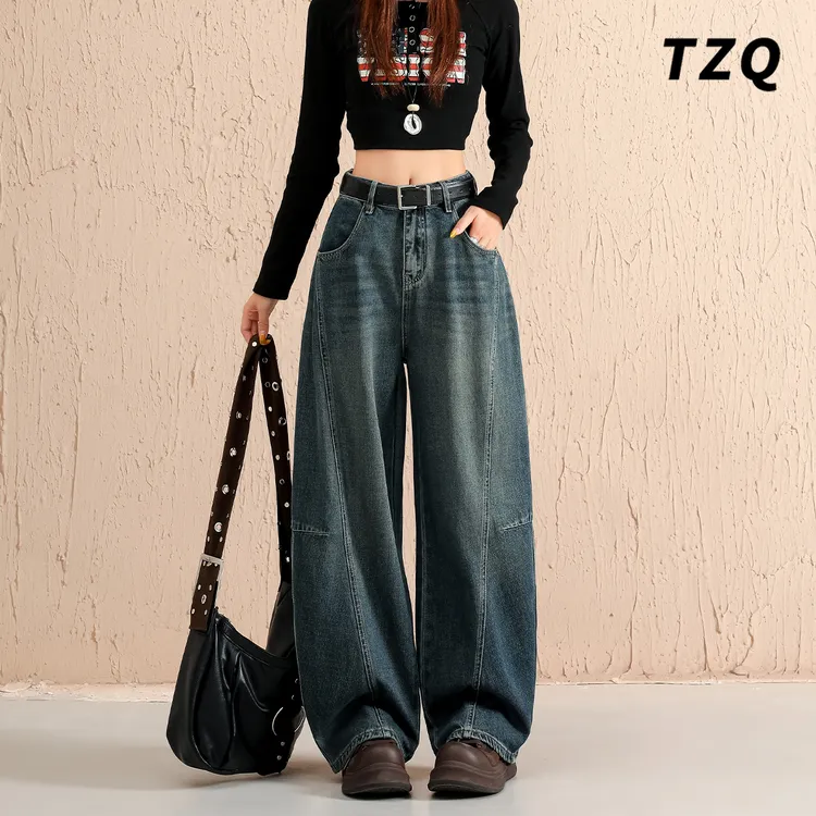 美式复古弯刀牛仔裤女2025秋设计感高腰高街宽松阔腿裤TZQ2590145