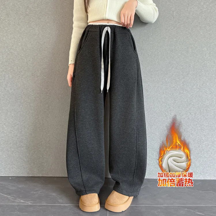 女童加绒裤子秋冬2025新款中大童加厚一体绒弯刀休闲裤儿童阔腿裤