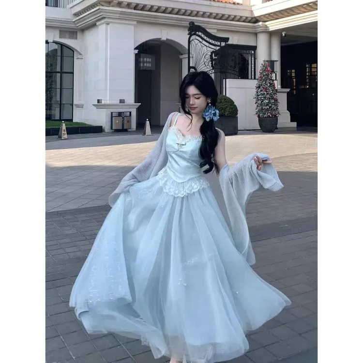 柔雾森屿绝美吊带蕾丝拼接细闪半裙女套装裙2025春季新款两件套装