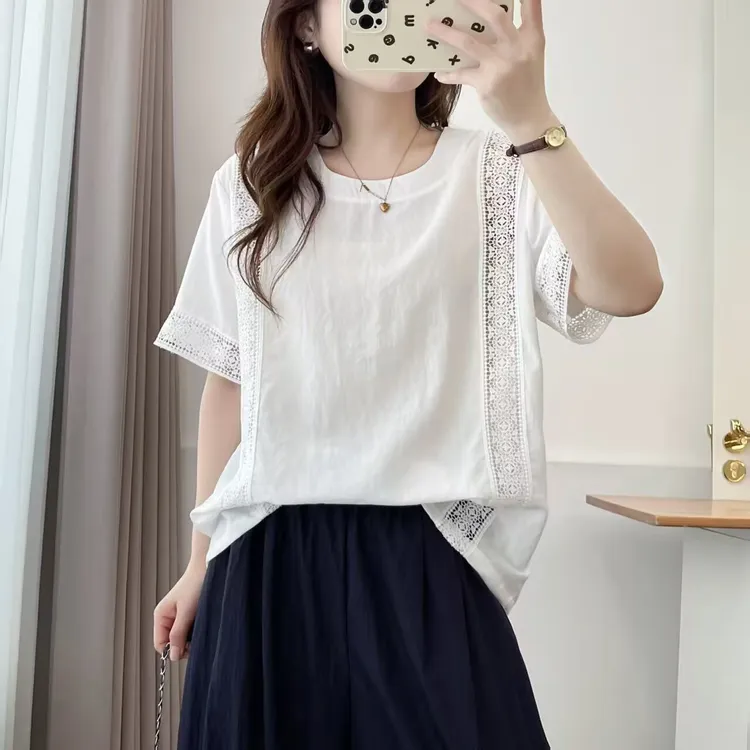 大码夏季休闲显瘦衬衫圆领镂空韩版圆领衬衫短袖666