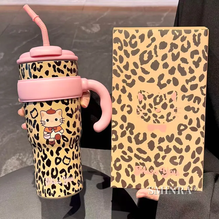 豹纹KT保温杯新款卡通大容量带盖吸管杯带茶隔送礼车载吸管杯猫咪