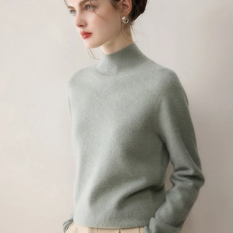 100纯山羊绒轻奢平面半高领打底衫女秋冬宽松纯色针织百搭毛衣