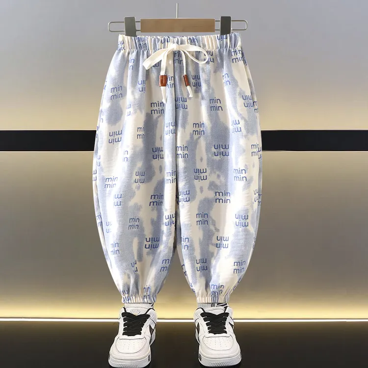  实体品质冰丝麻扎染灯笼裤宽松凉爽碎花透气薄款男女宝宝防蚊裤