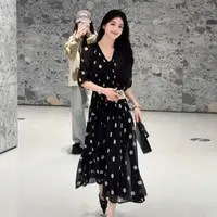【清仓+运补5米】黑色v领波点连衣裙子女夏季收腰显瘦雪纺长裙5252