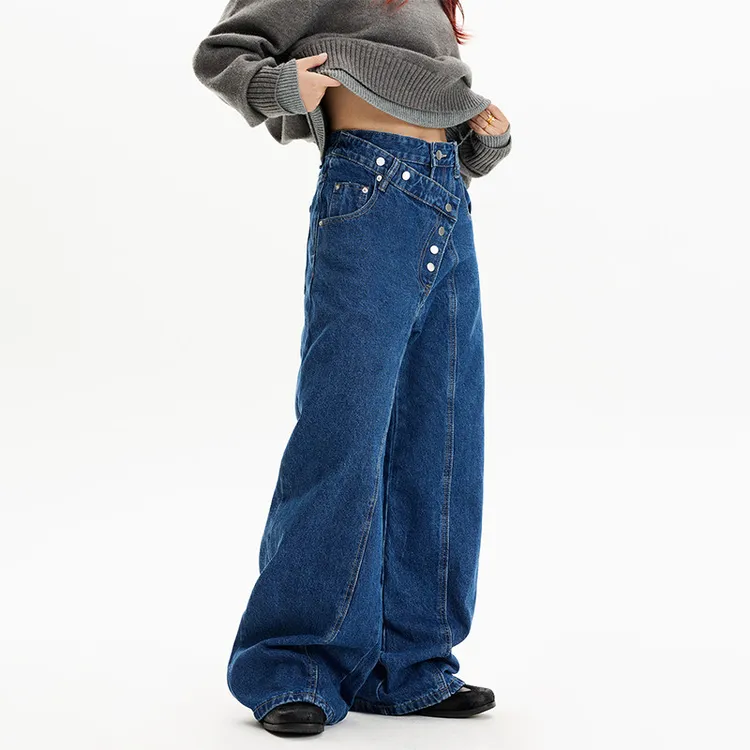 达蒙岛美式复古斜襟多排扣设计感阔腿牛仔裤男女小众潮牌宽松长裤