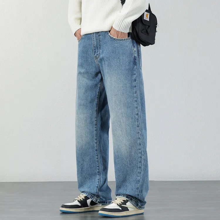 2025秋冬季复古宽松水洗浅色牛仔裤男士潮流百搭直筒休闲阔腿长裤