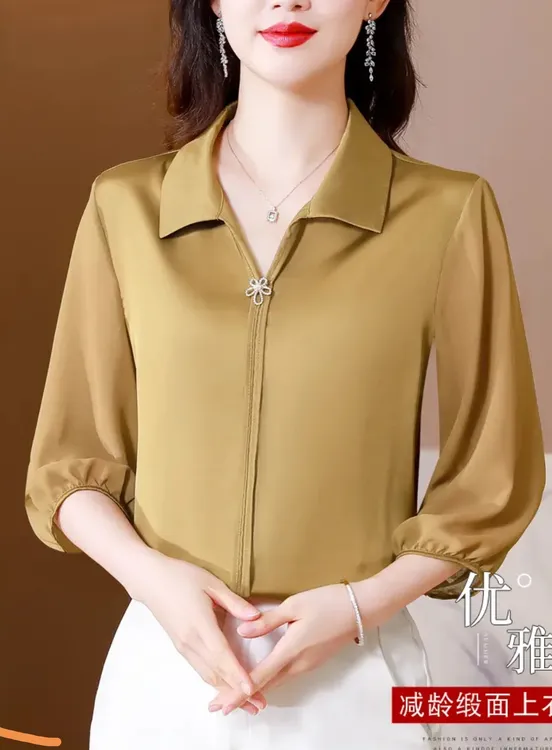 K039高级感缎面七分袖衬衫新款百搭翻领小衫贵妇人中袖冰丝上衣