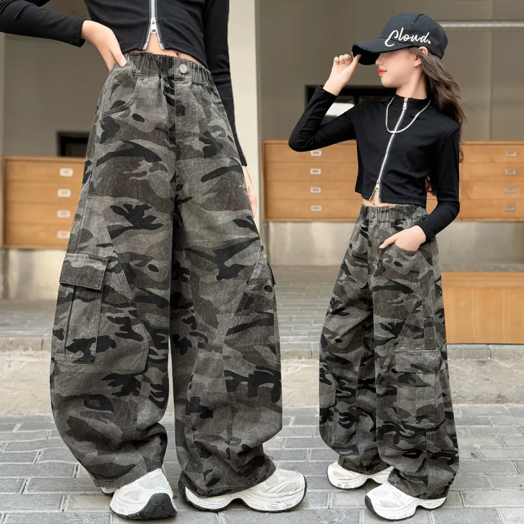 女童秋装迷彩工装弯刀裤2025新款中大儿童洋气宽松阔腿运动休闲裤