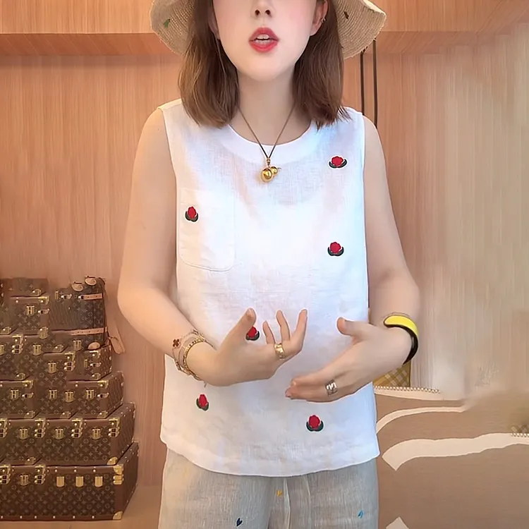 无袖印花白色恤女士2025夏季时尚显瘦减龄背心设计感休闲圆领上衣