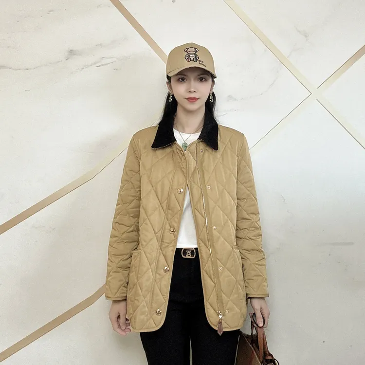 冬季新款女士棉衣菱格锦袄休闲百搭保暖时尚条纹翻领长袖棉服外套