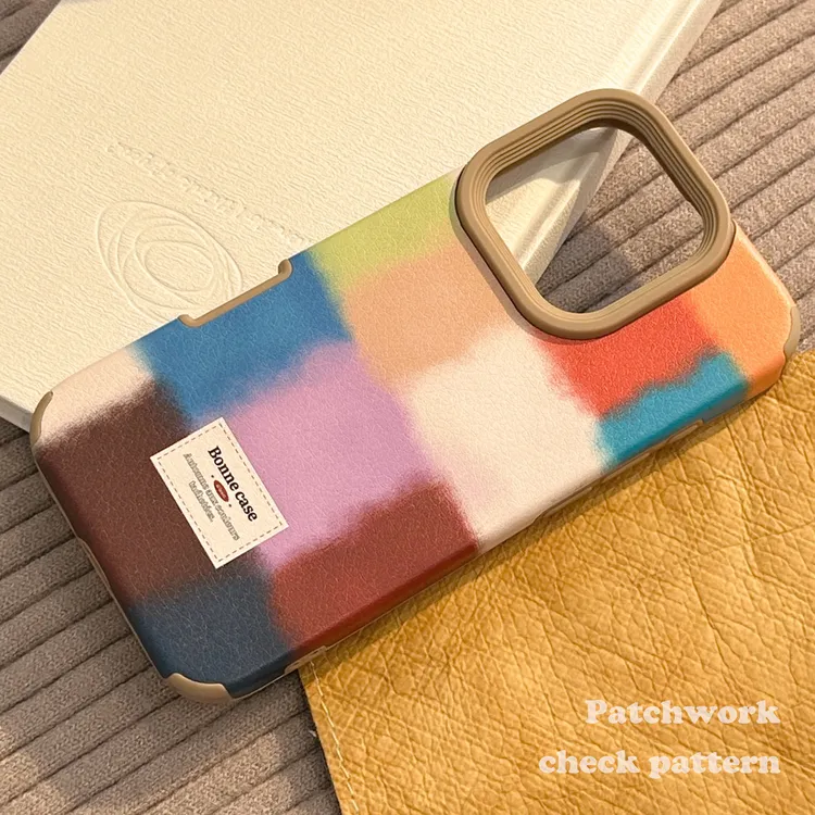 复古风色块拼接适用iphone16苹果15手机壳14promax皮质13个性11软