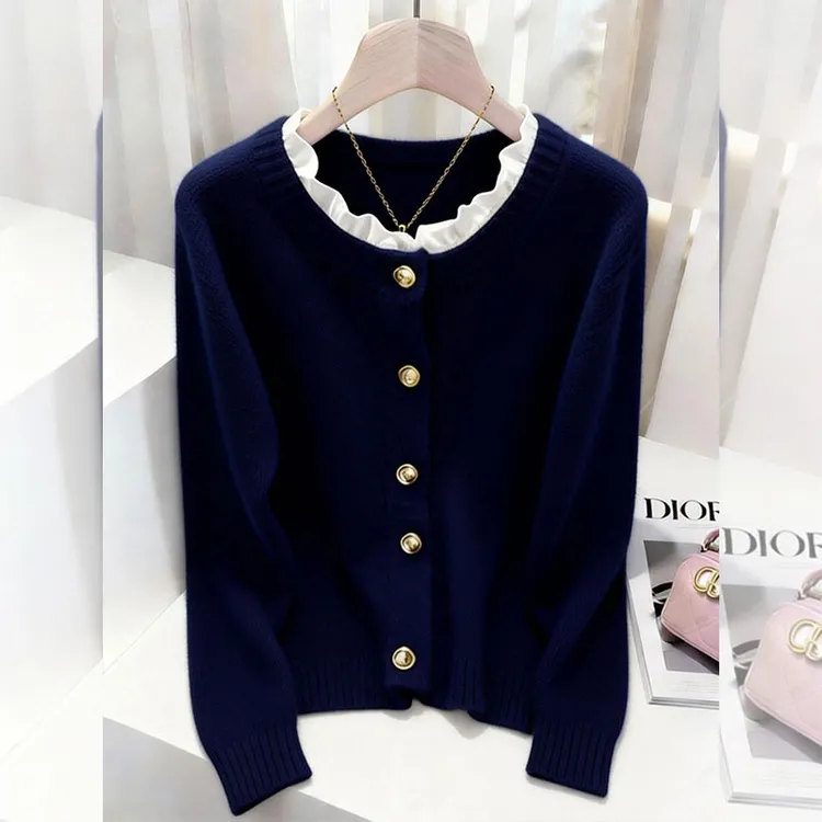 春秋新款设计感藏蓝色针织衫毛衣女时尚百搭气质轻熟风慵懒感上衣