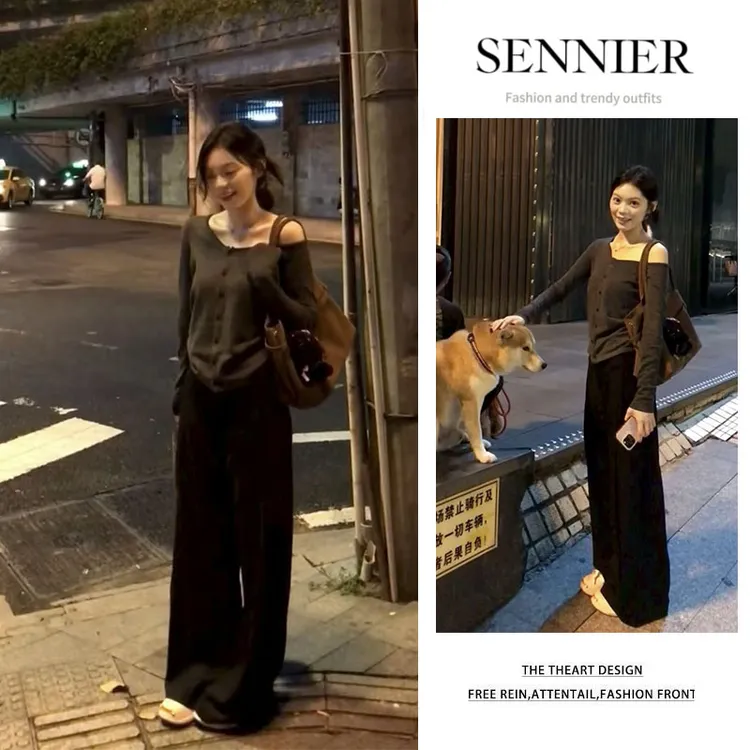 韩系穿搭2025早秋新款百搭纯色斜肩长袖针织衫显瘦阔腿裤两件套女