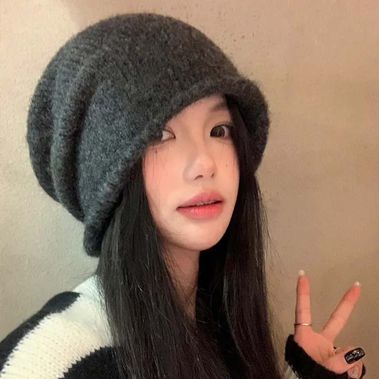 TIFICY户外新款灰色卷边针织毛线帽女秋冬显脸小堆堆帽大头围护耳