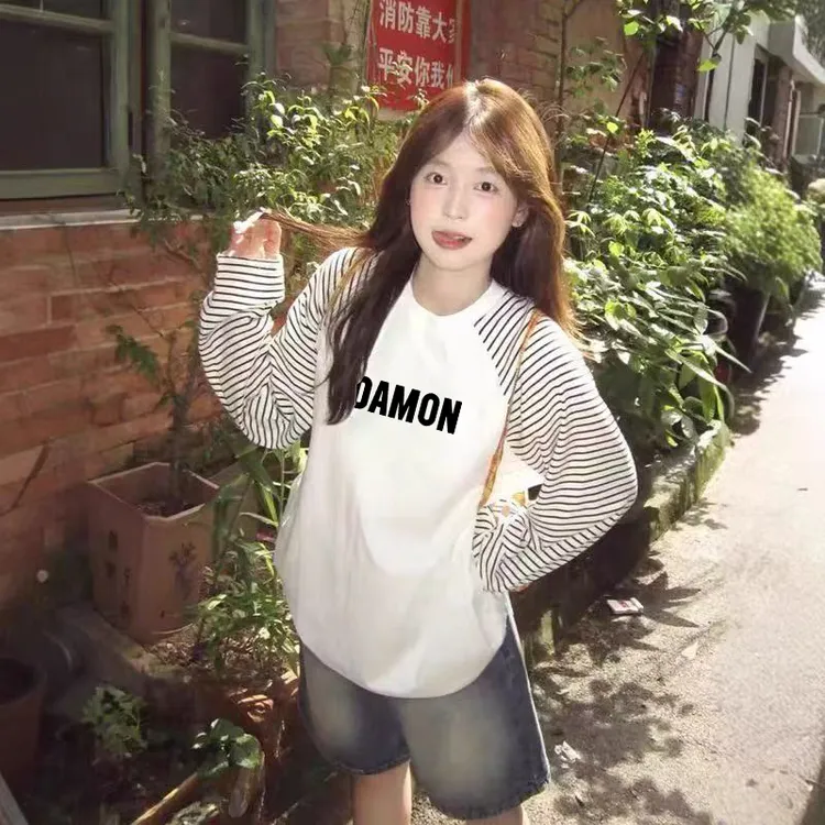美式复古插肩长袖t恤女秋冬穿搭拼接条纹打底衫宽松学院风上衣潮