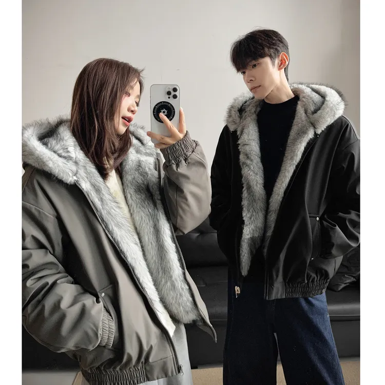美式高街狼毛座山雕外套棉服男女冬季加绒加厚毛领连帽派克服棉衣