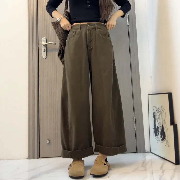 早秋宽松阔腿裤美拉德风百搭牛仔裤卷边长裤秋季高腰百搭女
