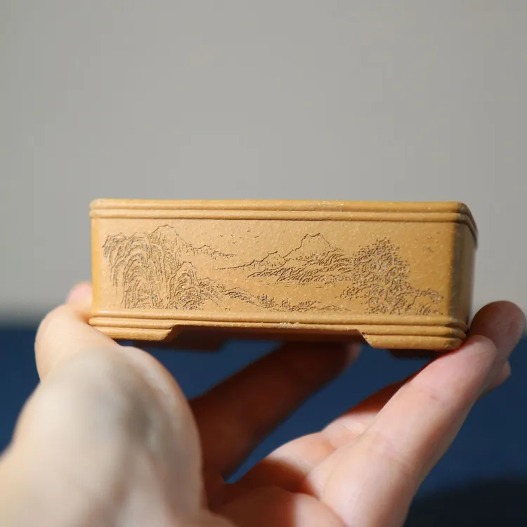 紫砂花盆长方形盆景盆微型手工盆刻绘马槽盆张可磊宜兴名家盆