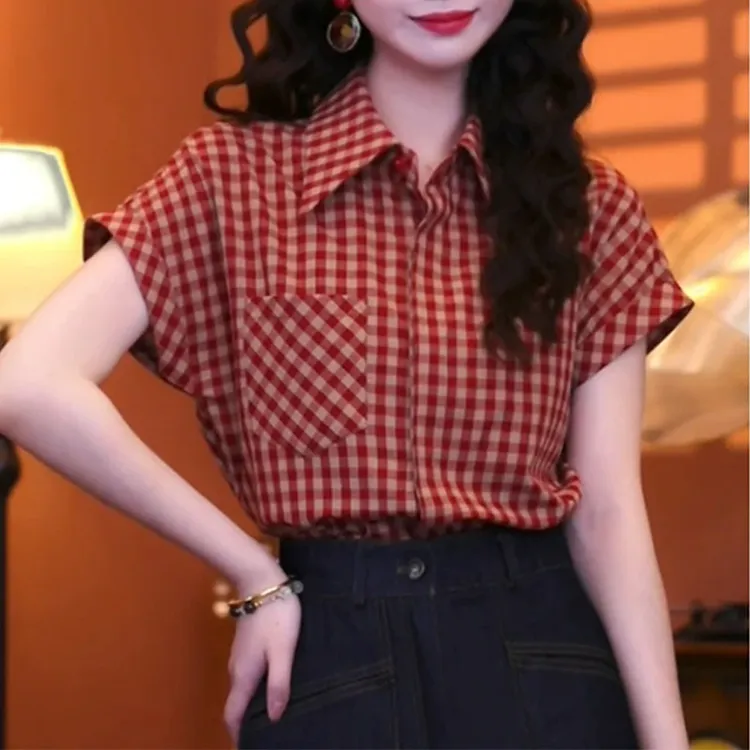 港味复古翻领撞色格子短袖衬衣女夏季新款时尚气质遮肉显瘦上衣潮