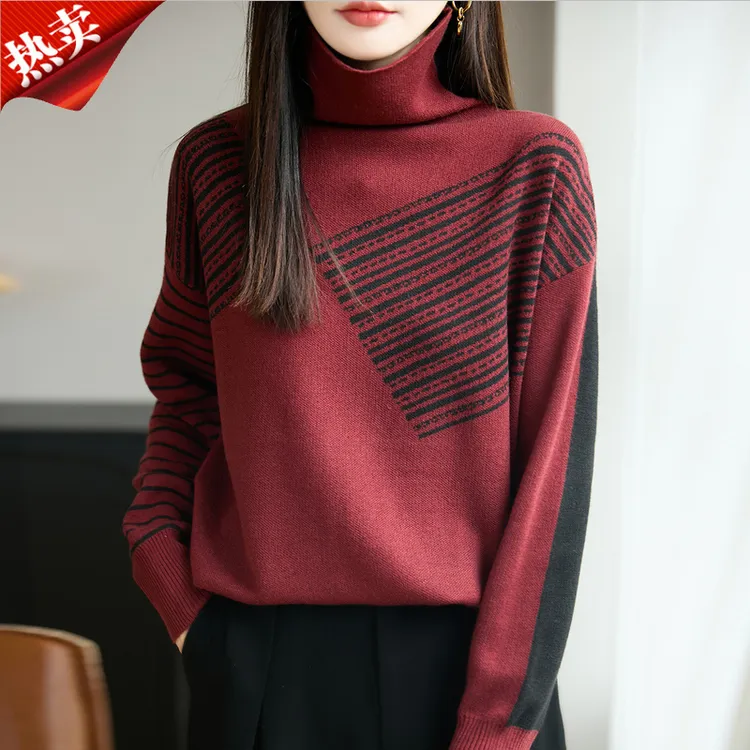 时尚品牌复古堆堆领针织衫女文艺撞色保暖内搭打底衫上衣冬