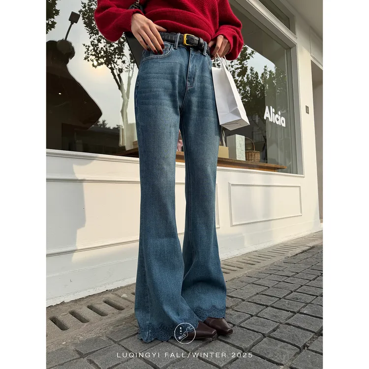 鹭青一原创【纵浪】复古做旧绣花平腰头微喇牛仔裤L25N7628B