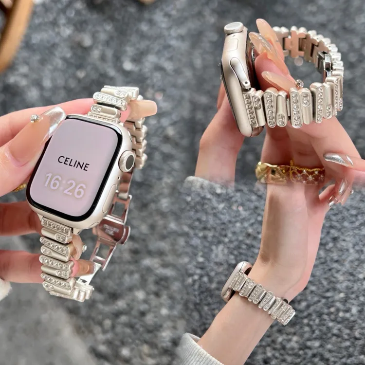 适用applewatch7苹果S10表带iwatchS8手表金属不规则镶钻女S9新款