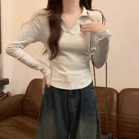 褶皱收腰t恤女秋季正肩polo领长袖V领纯色修身显瘦打底衫内搭上衣