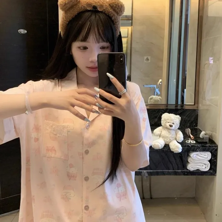 夏天少女甜美日系2025女睡衣冰丝薄款夏季短袖长裤套装家居服