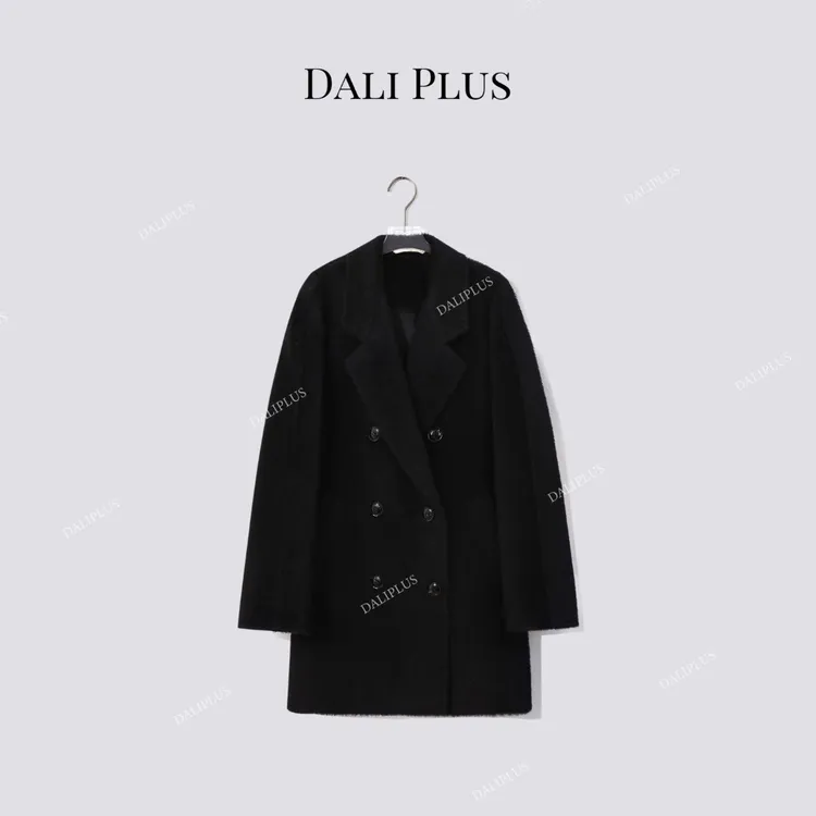 DALI PLUS“重磅100苏力” 中长款黑苏力毛呢大衣-D5SZ8154