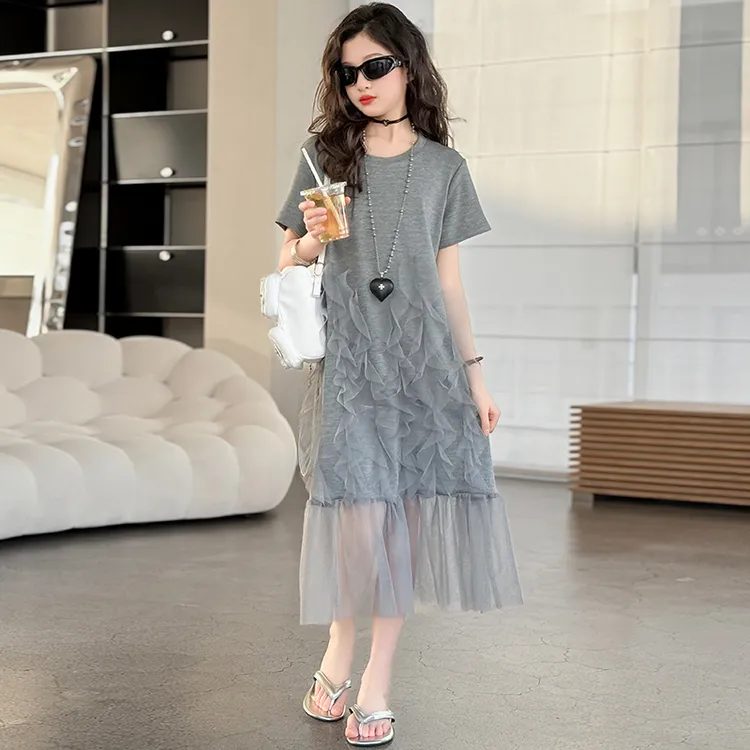 童装女童夏季休闲不规则网纱花边T恤裙6-12岁15中大童女孩连衣裙 